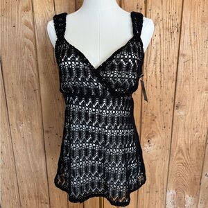AB Studio Black Crochet Overlay White Sleeveless Top Size Large NWT